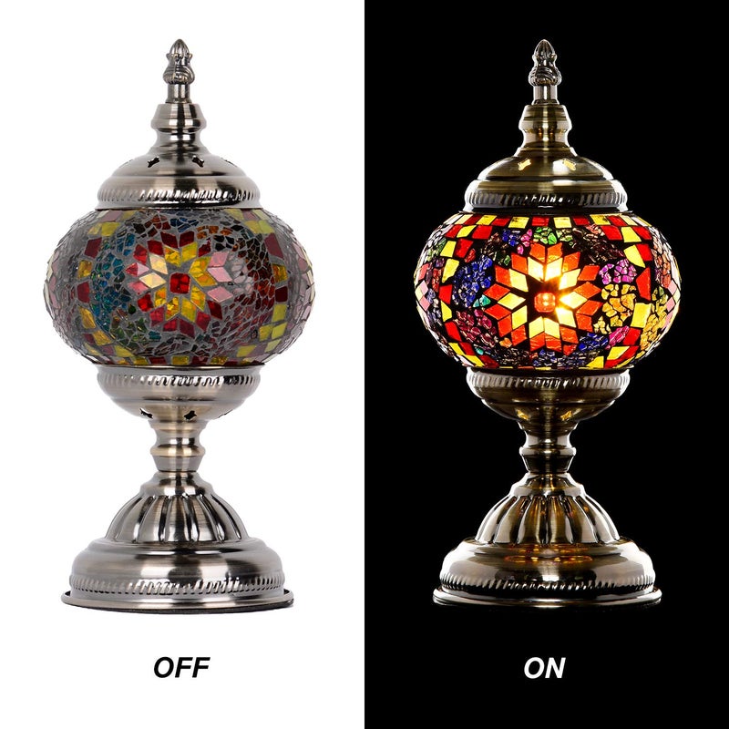 Marrakech مصباح مغربي تركي قديم بتصميم تيفاني، مصباح زجاجي مغربي مصنوع يدويًا مع قاعدة برونزية بما في ذلك لمبة LED لتزيين غرفة المعيشة أو غرفة النوم (ملون1) - Image 3